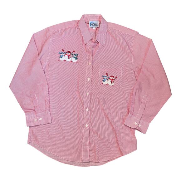 VTG 90's LAS OLAS Red White Pinstripe Snowman Holiday Christmas Button Up Size L - Picture 1 of 7
